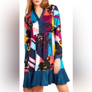 Anthropologie Maeve Gillian Abstract Shirtdress V-Neck Long Sleeve Dress Size M